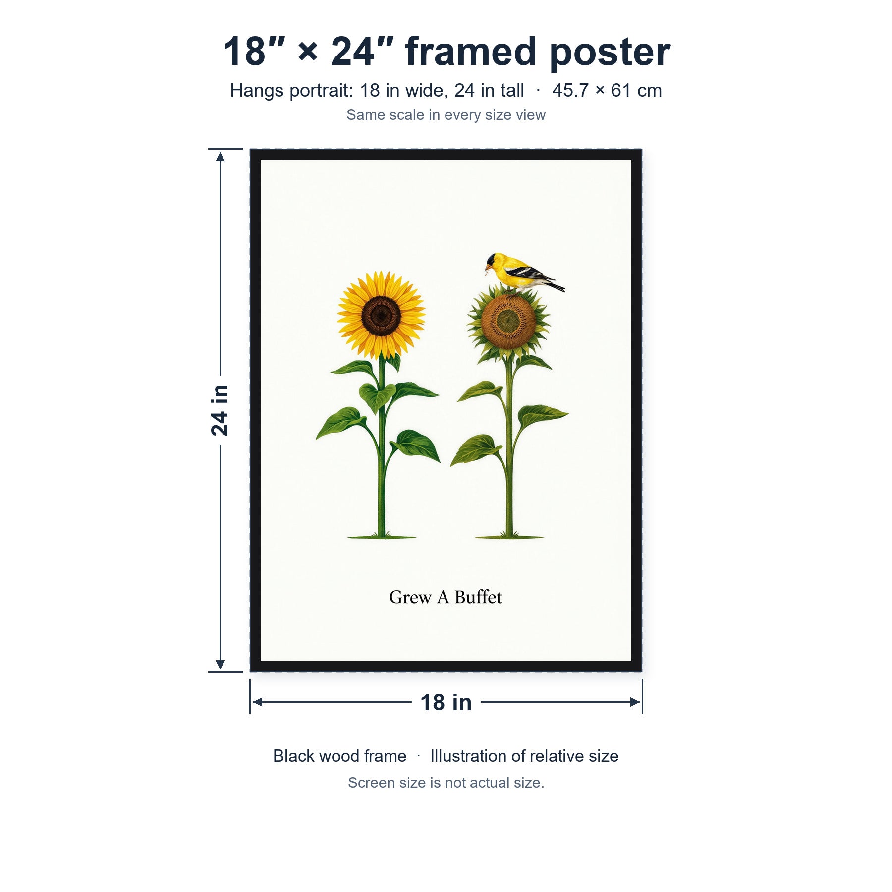 Grew A Buffet framed poster, 18 in by 24 in (45.7 × 61 cm), hung portrait; relative-size view on the same scale as the other size options.