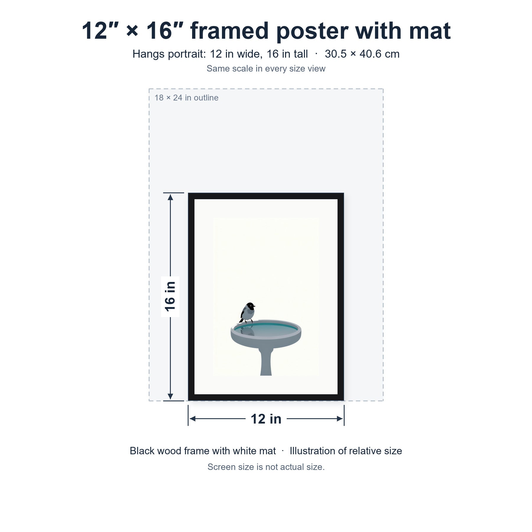 Still Water, Two Skies framed poster with mat, 12 in by 16 in (30.5 × 40.6 cm), hung portrait; relative-size view on the same scale as the other size option.