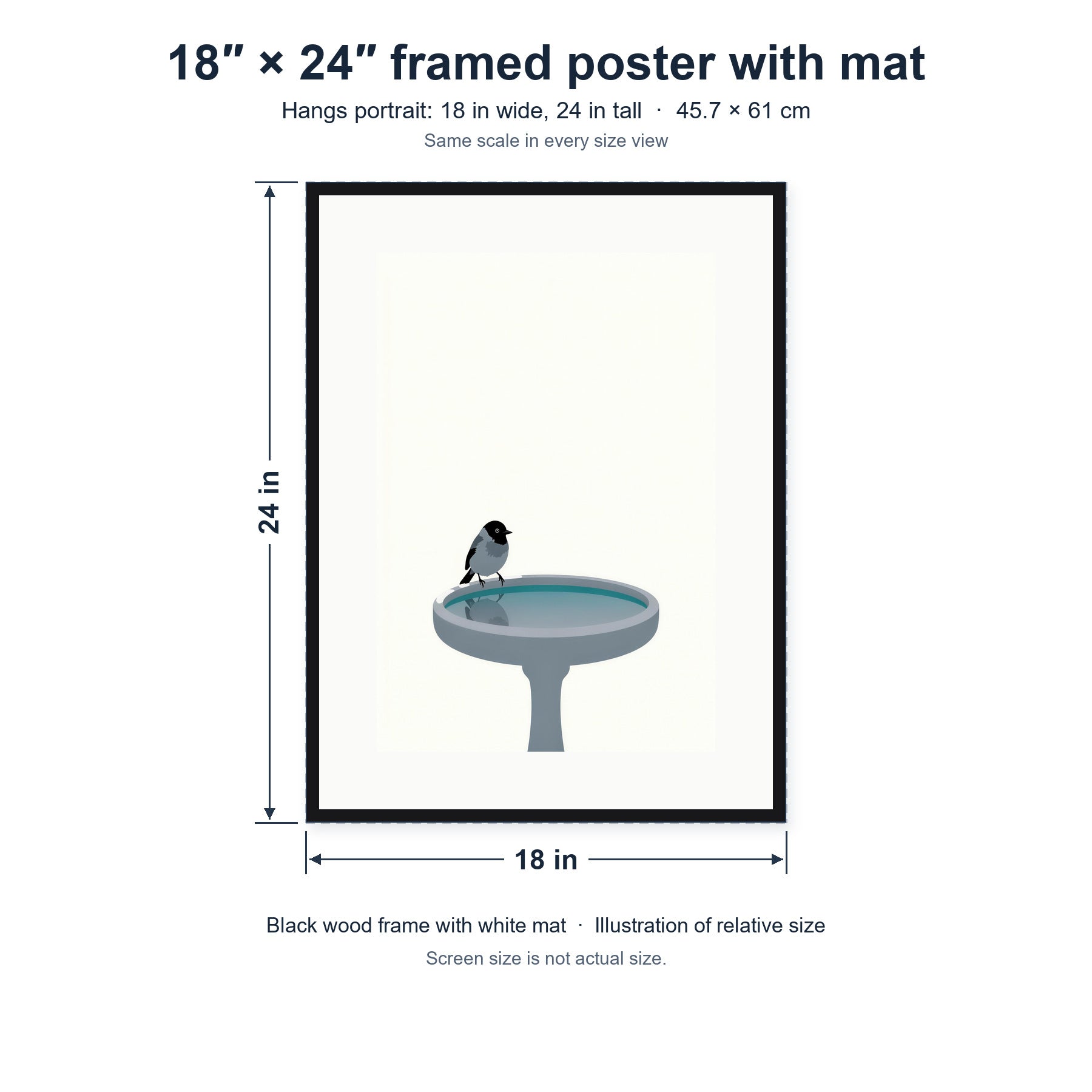 Still Water, Two Skies framed poster with mat, 18 in by 24 in (45.7 × 61 cm), hung portrait; relative-size view on the same scale as the other size option.