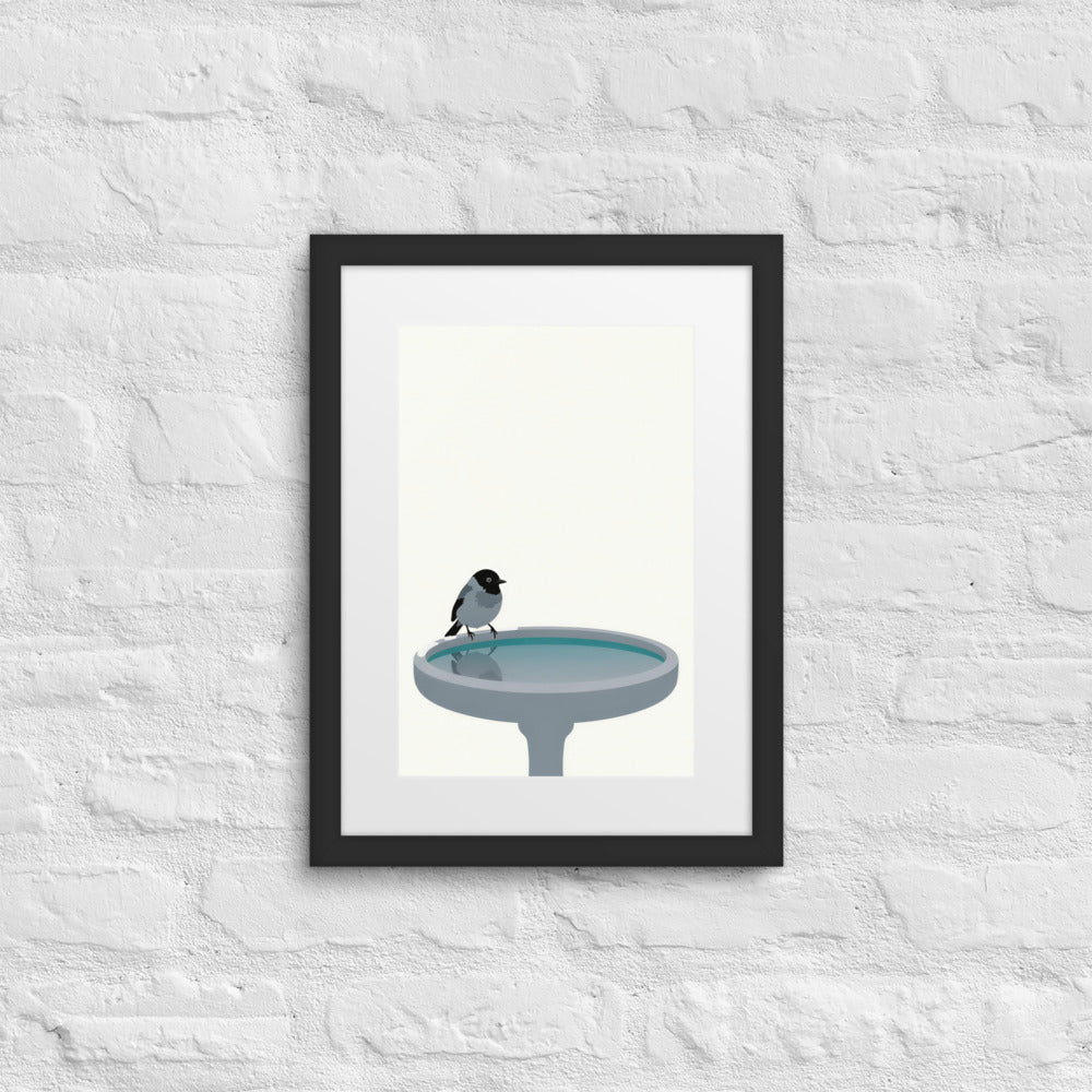 Still Water, Two Skies framed birdbath poster with white mat hanging on a white brick wall