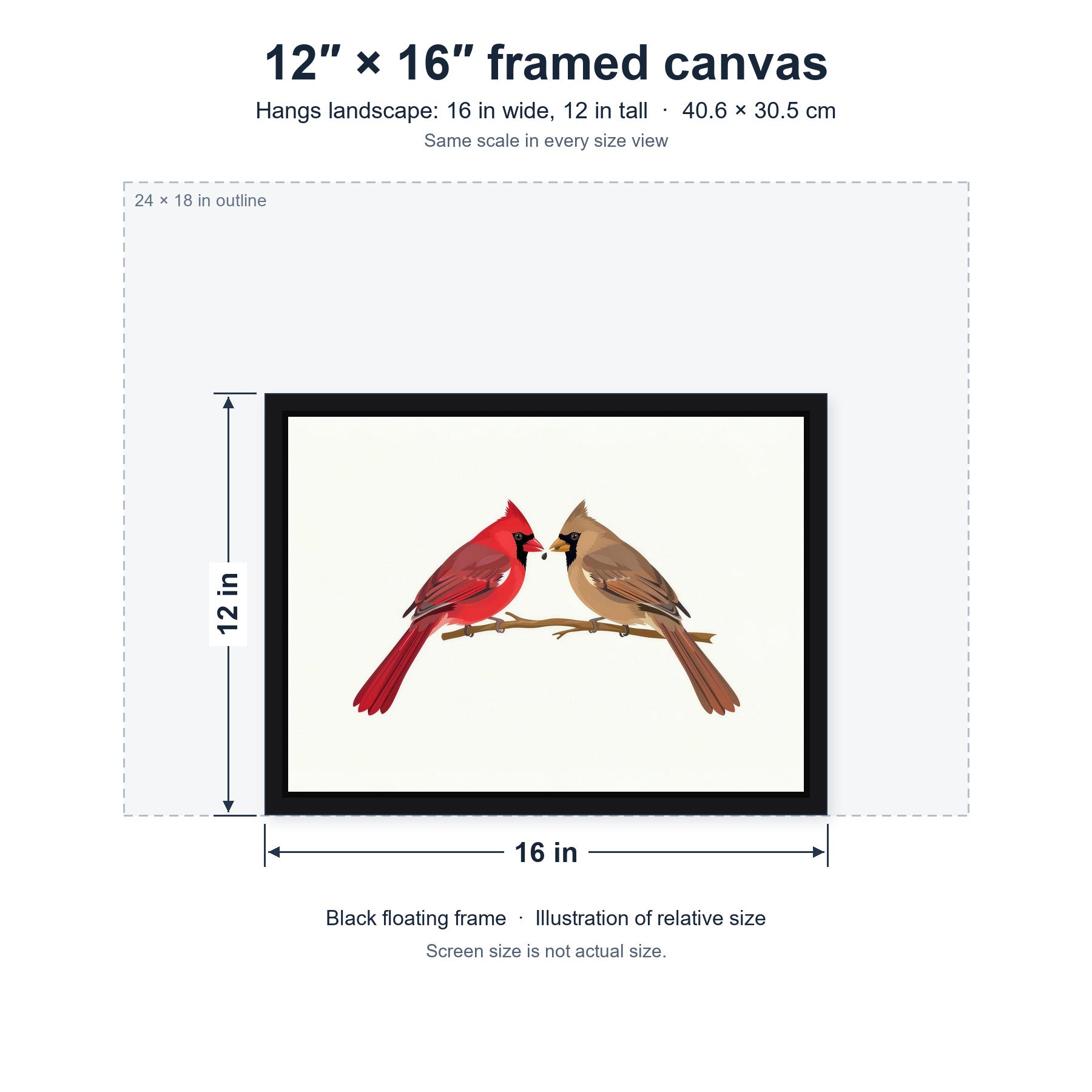 A Seed Shared framed canvas, 12×16 size hung landscape: 16 in wide by 12 in tall (40.6 × 30.5 cm); relative-size view on the same scale as the other size options.