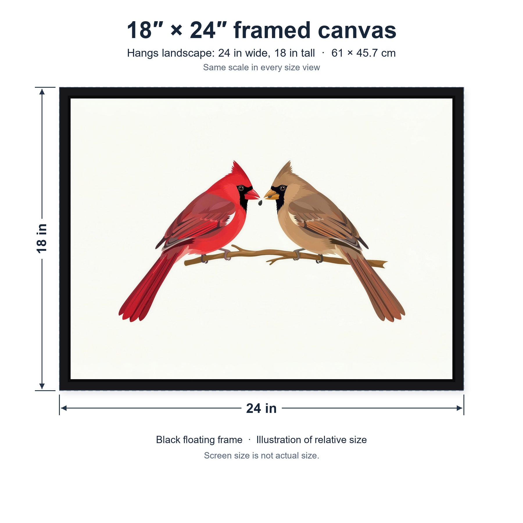 A Seed Shared framed canvas, 18×24 size hung landscape: 24 in wide by 18 in tall (61 × 45.7 cm); relative-size view on the same scale as the other size options.