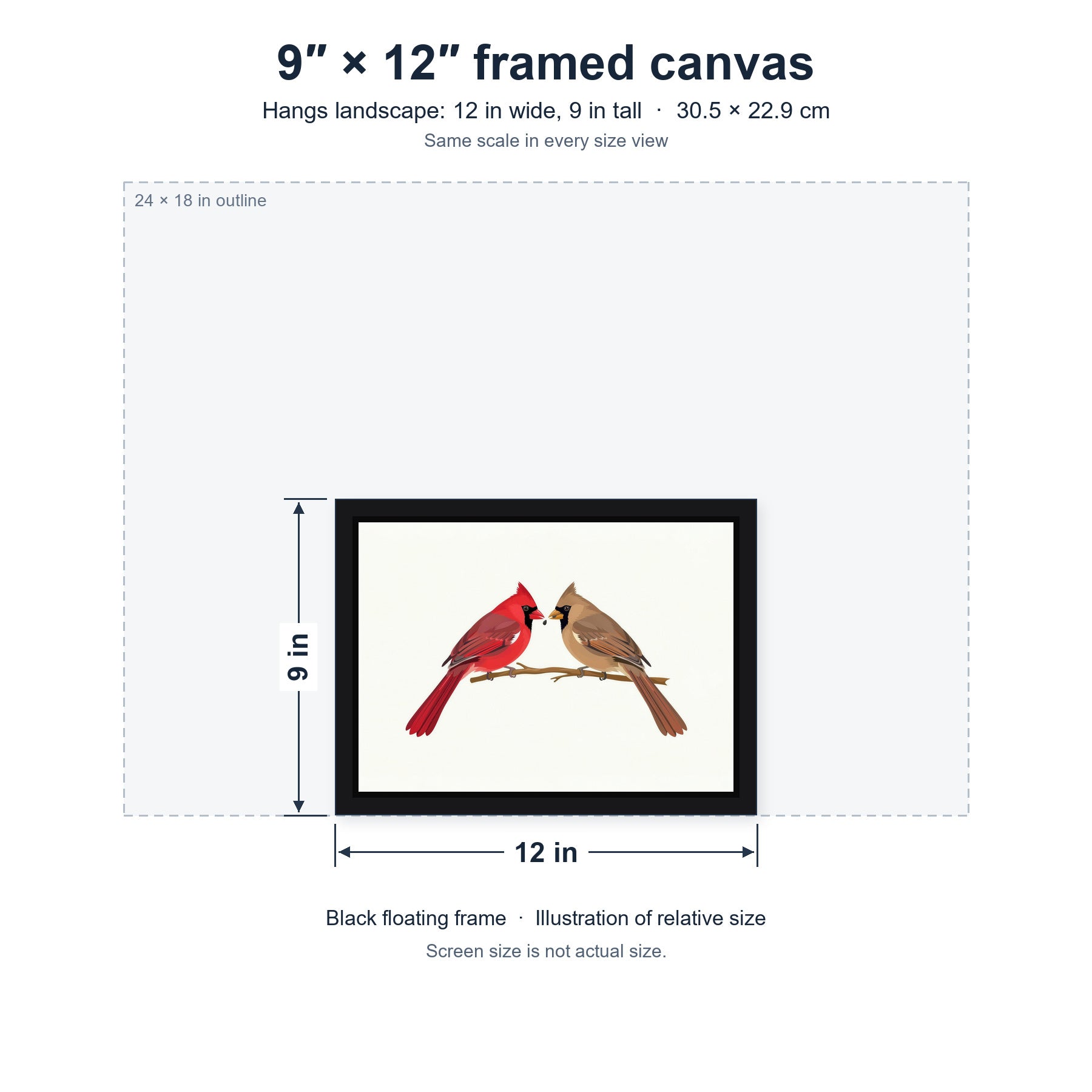 A Seed Shared framed canvas, 9×12 size hung landscape: 12 in wide by 9 in tall (30.5 × 22.9 cm); relative-size view on the same scale as the other size options.