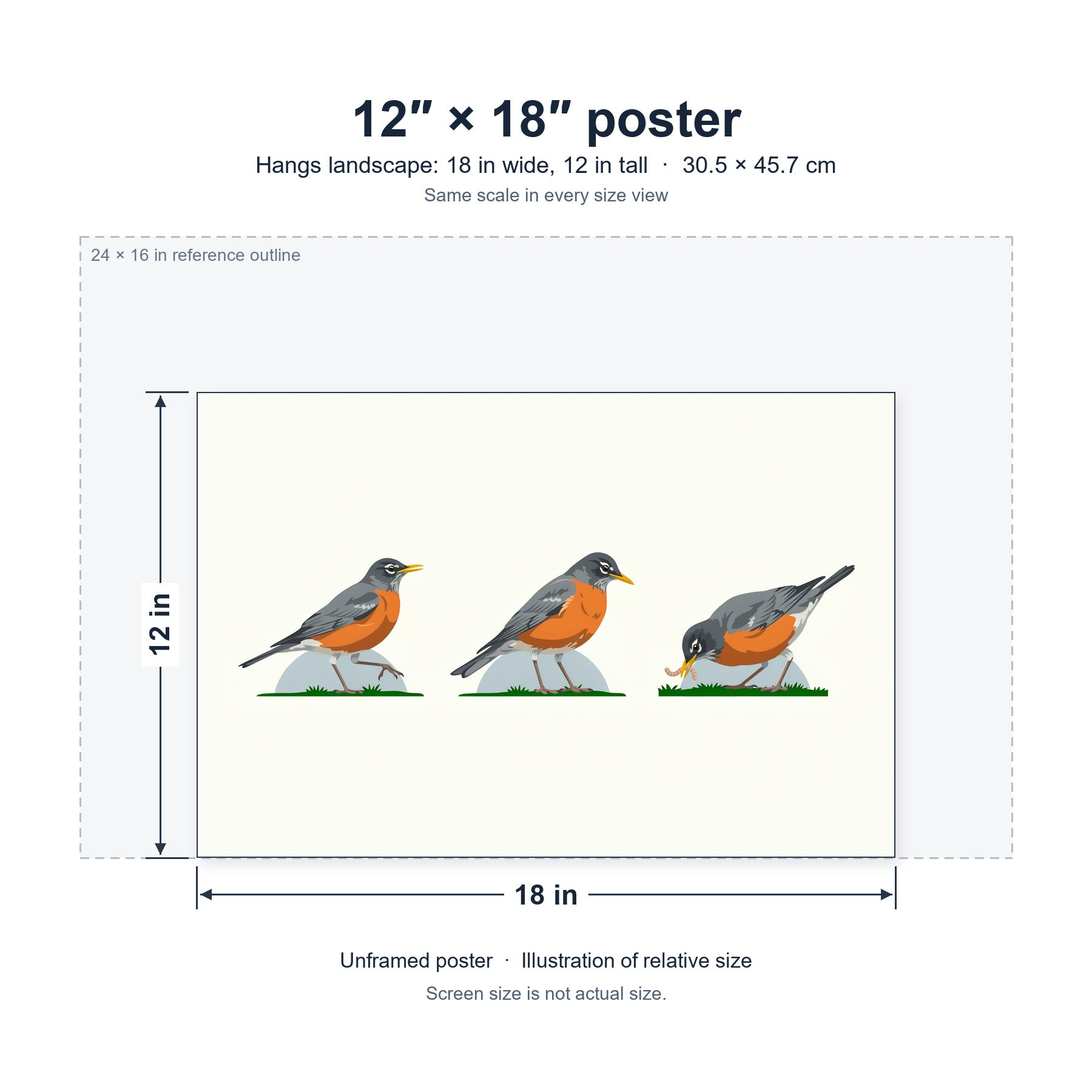 Pause, Look, Pull unframed poster, 12 by 18 inches (30.5 × 45.7 cm), hung landscape; relative-size view on the same scale as the other size options.