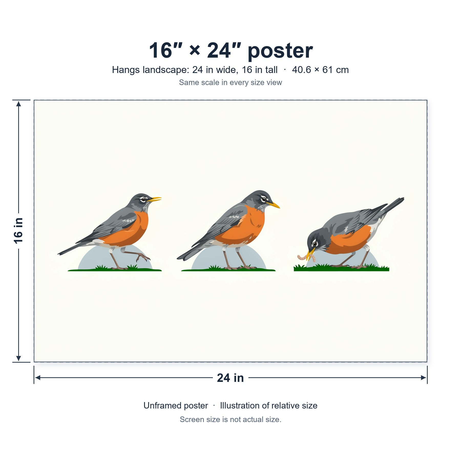 Pause, Look, Pull unframed poster, 16 by 24 inches (40.6 × 61 cm), hung landscape; relative-size view on the same scale as the other size options.