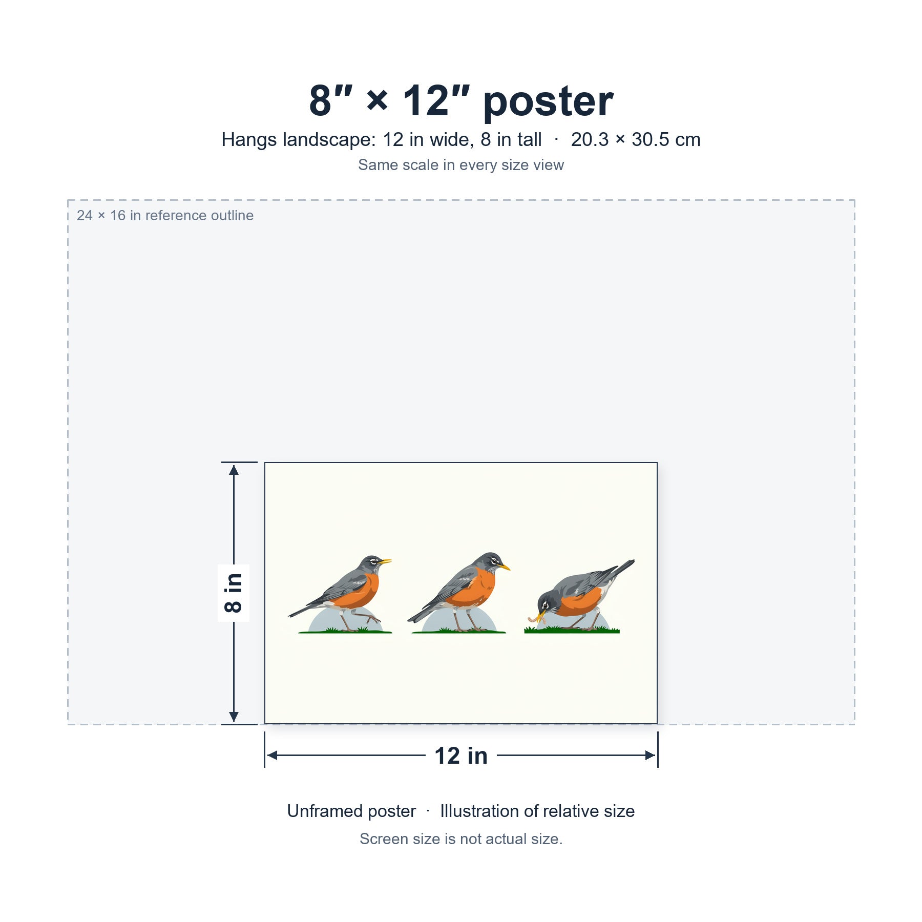 Pause, Look, Pull unframed poster, 8 by 12 inches (20.3 × 30.5 cm), hung landscape; relative-size view on the same scale as the other size options.