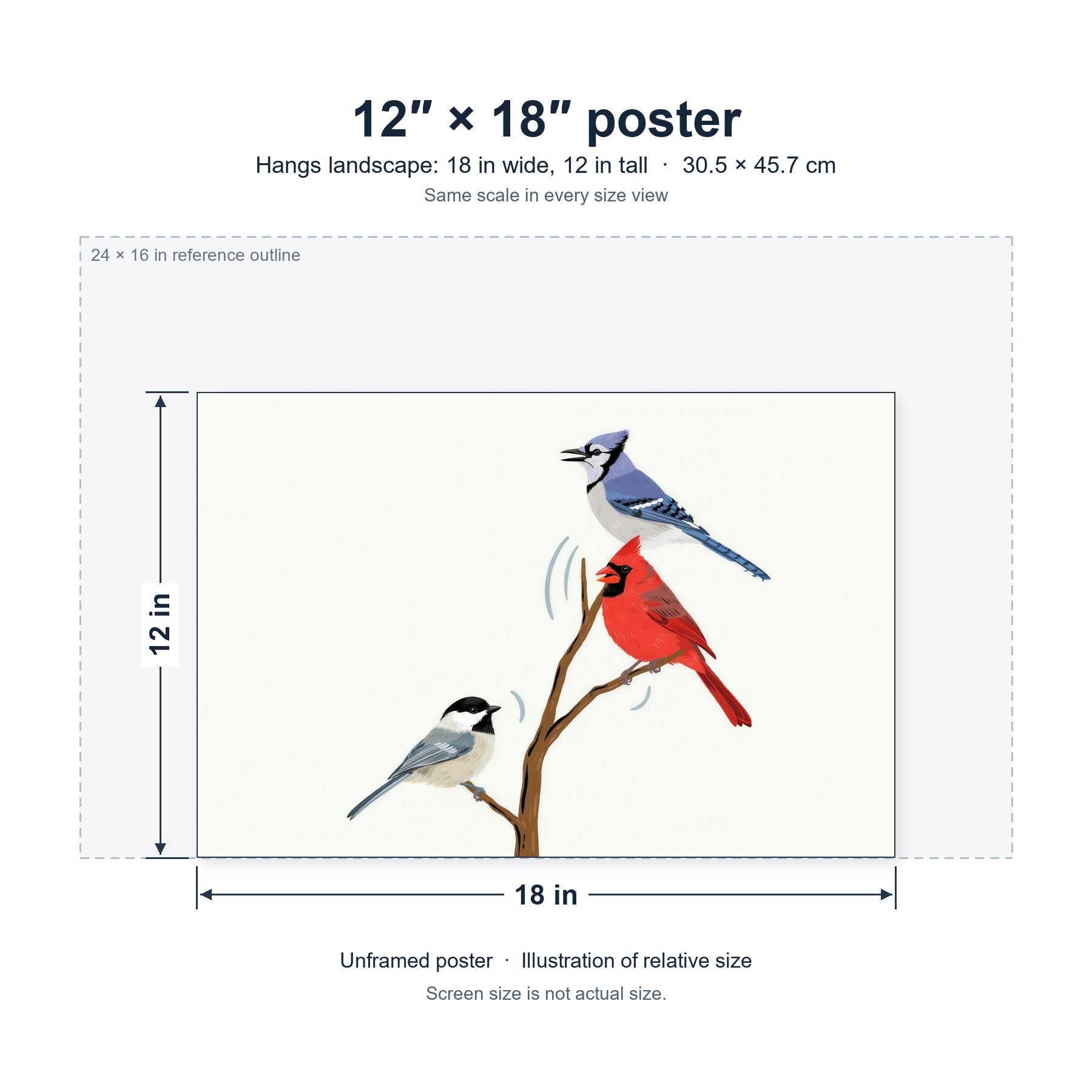 The Yard Has a Soundtrack unframed poster, 12 by 18 inches (30.5 × 45.7 cm), hung landscape; relative-size view on the same scale as the other size options.