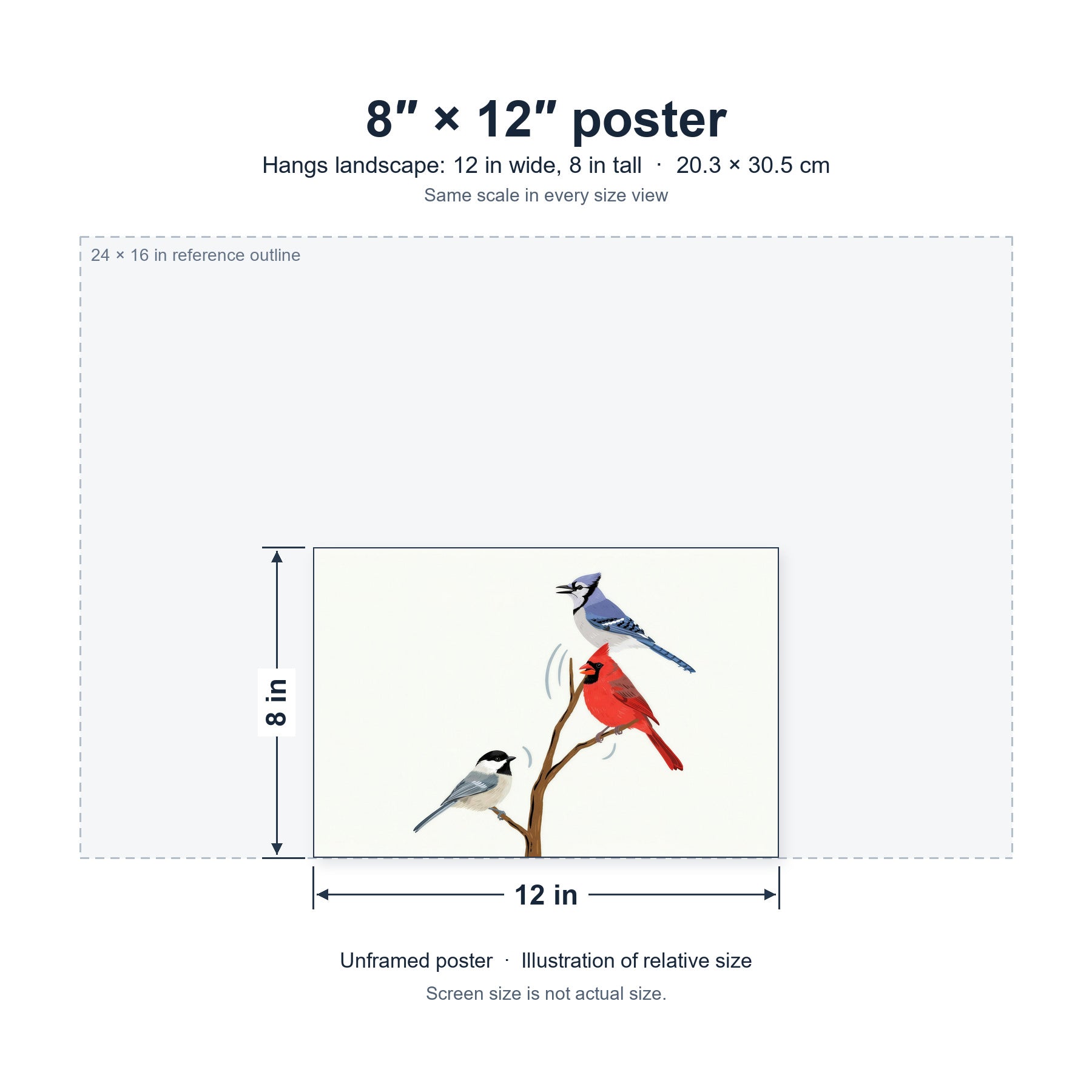 The Yard Has a Soundtrack unframed poster, 8 by 12 inches (20.3 × 30.5 cm), hung landscape; relative-size view on the same scale as the other size options.