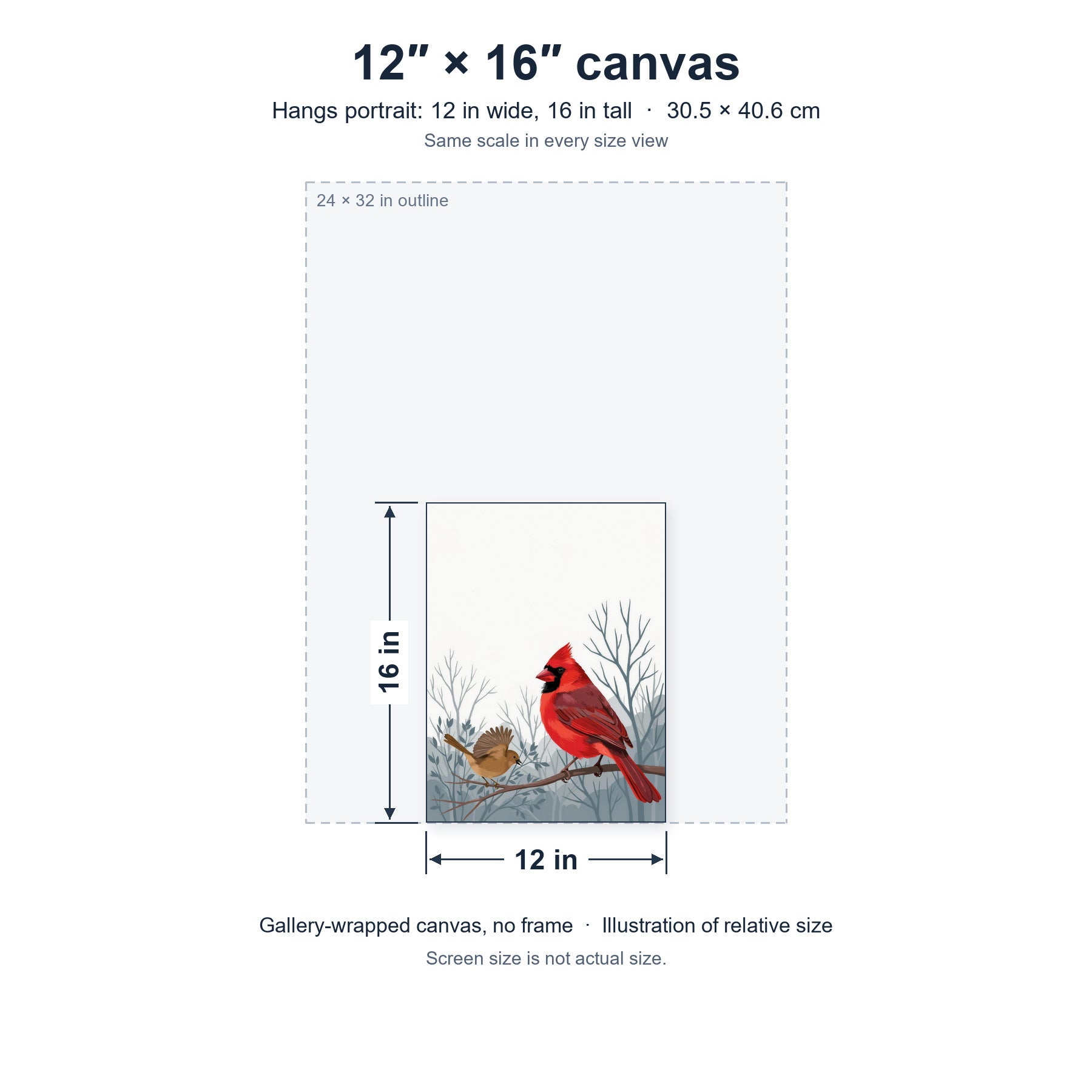 Life Against the Gray canvas, 12 in by 16 in (30.5 × 40.6 cm), hung portrait; relative-size view on the same scale as the other size options.