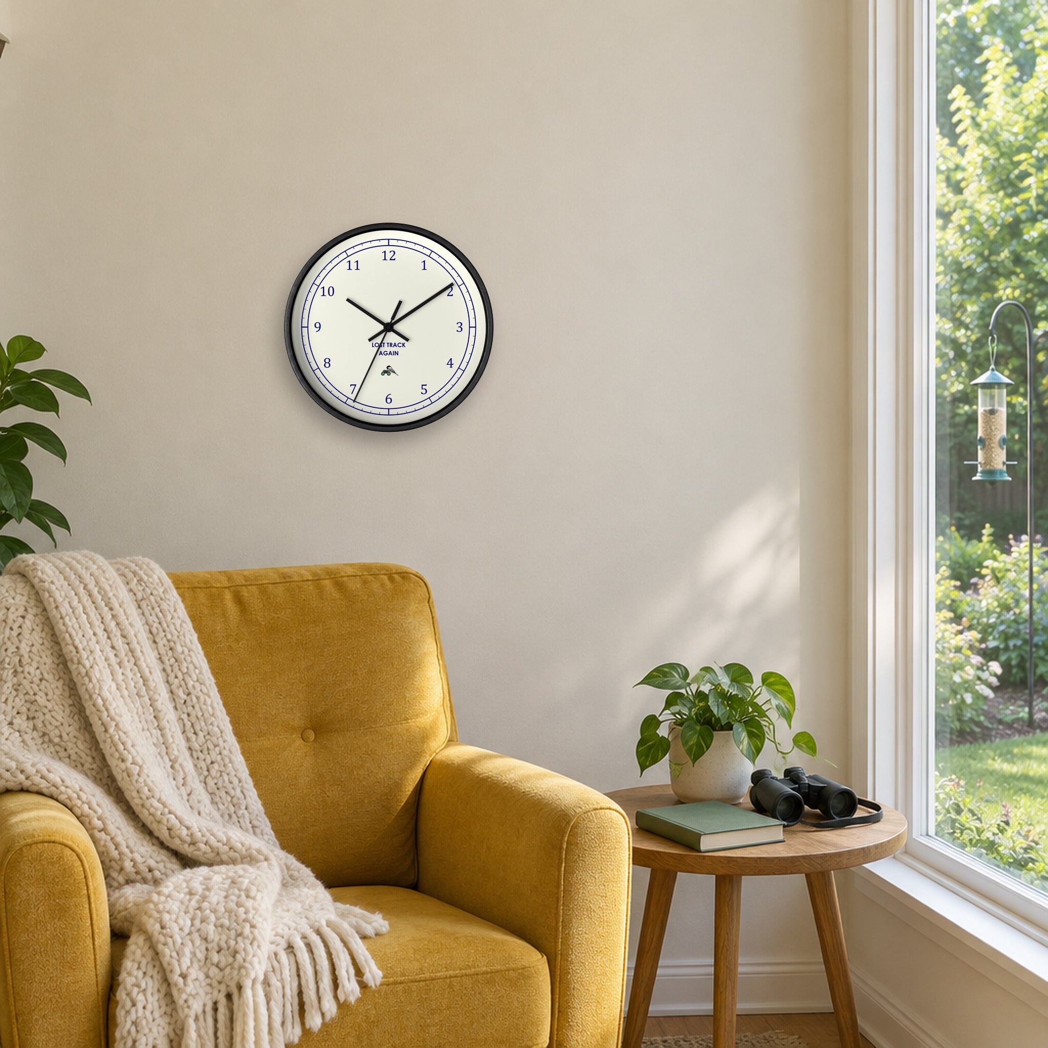 Black-framed bird clock above a yellow armchair in a sunroom, binoculars on the side table and a bird feeder outside the window