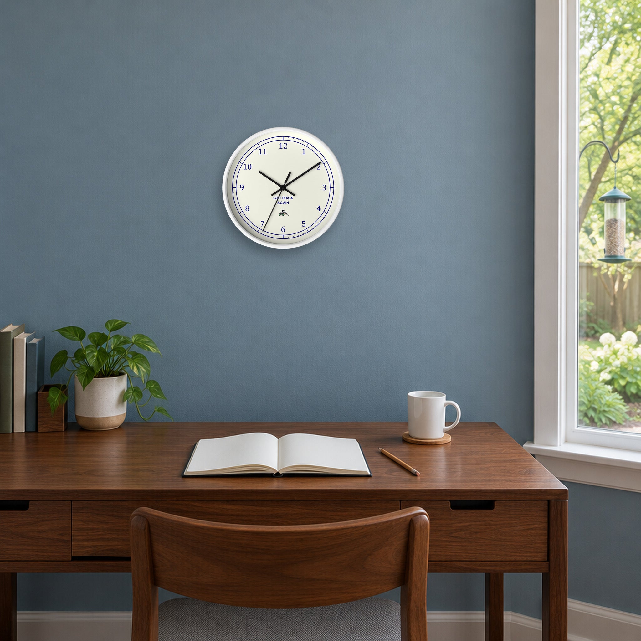 White-framed bird clock on a dusty-blue home office wall above a walnut desk, with a bird feeder outside the window