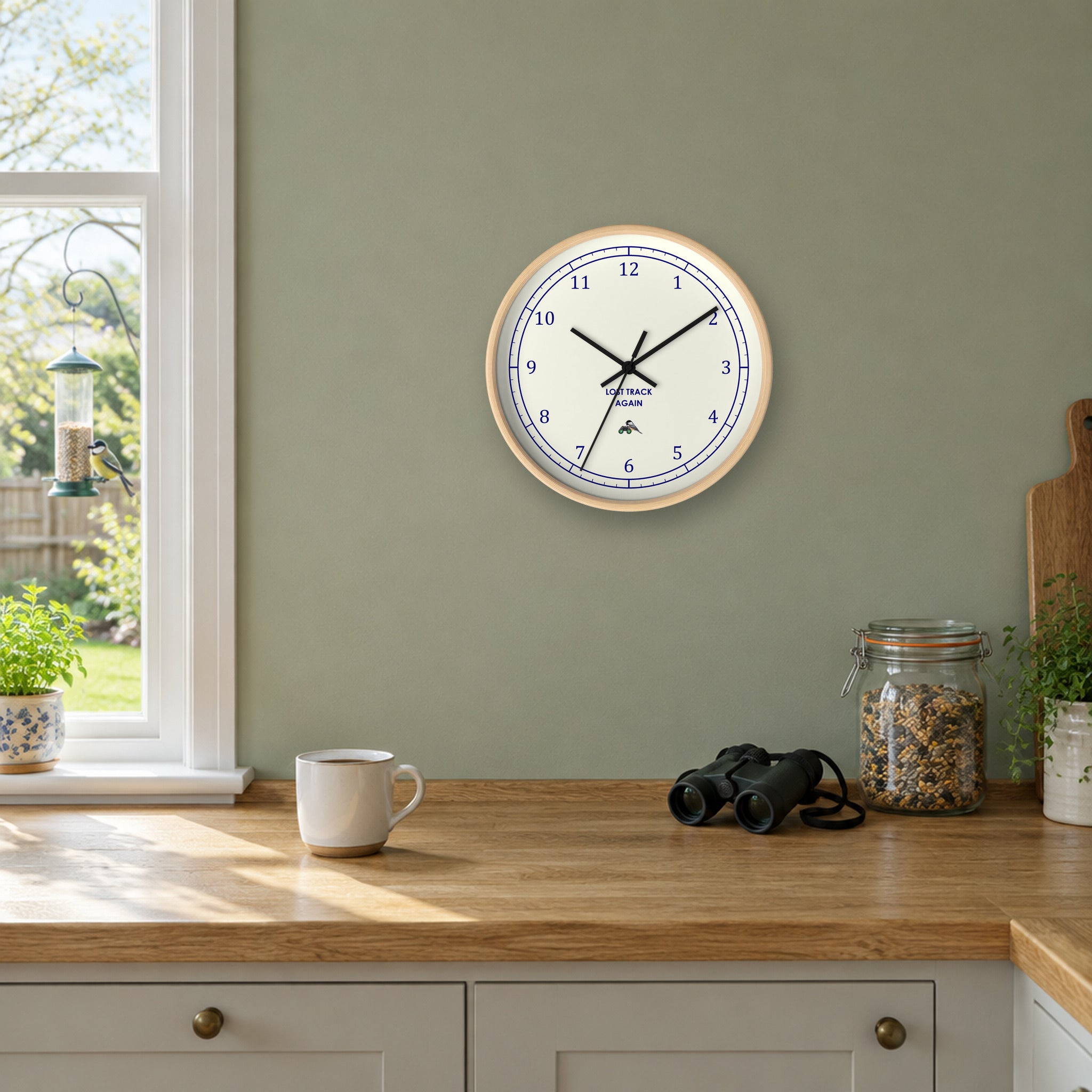 Bird clock with a natural wood frame on a sage-green kitchen wall, beside a window with a bird feeder and binoculars on the counter