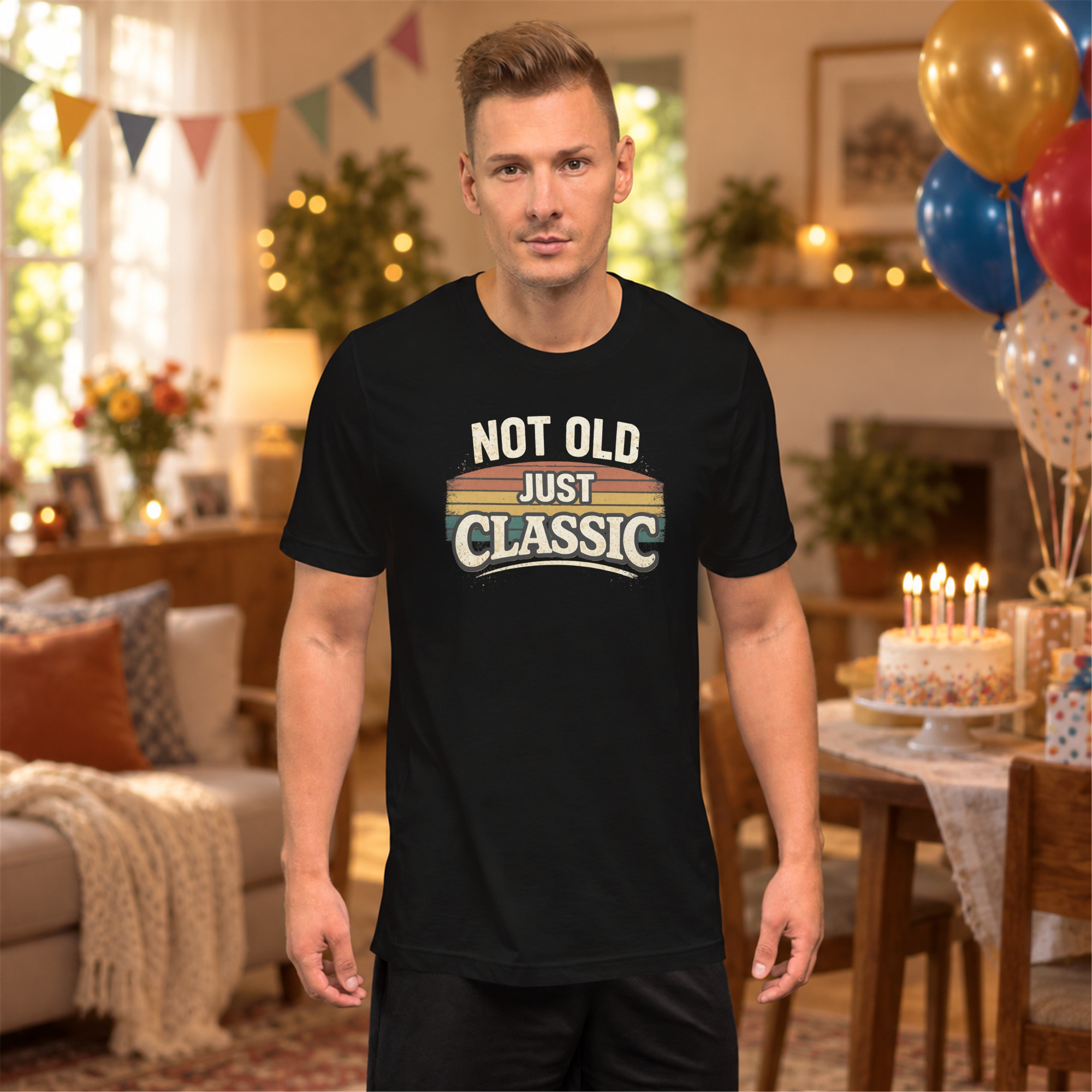 Original Not Old Just Classic shirt artwork shown in an edited birthday-party setting