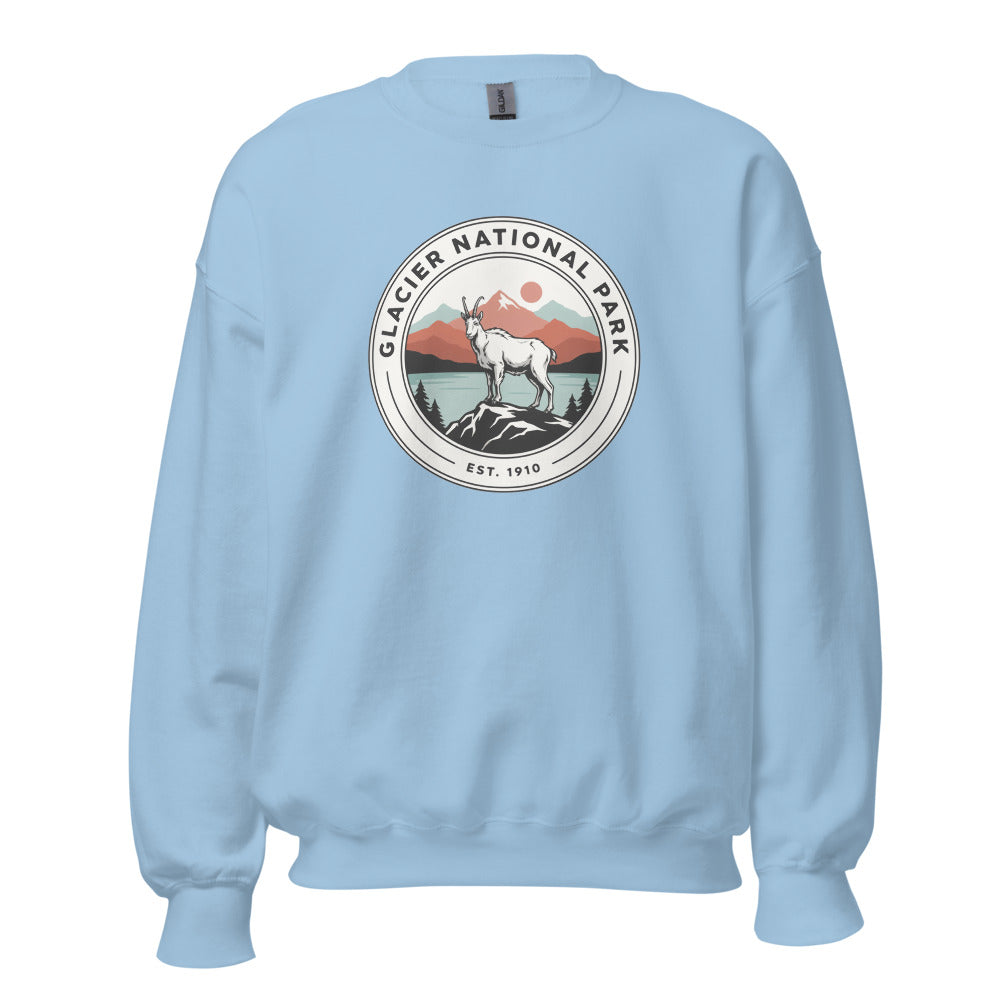 Glacier National Park vintage badge crewneck sweatshirt in light blue, front view
