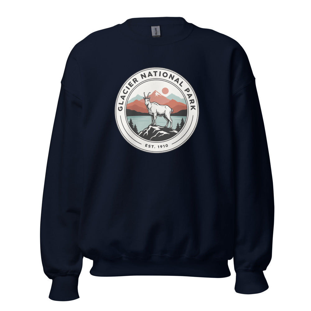 Glacier National Park vintage badge crewneck sweatshirt in navy, front view