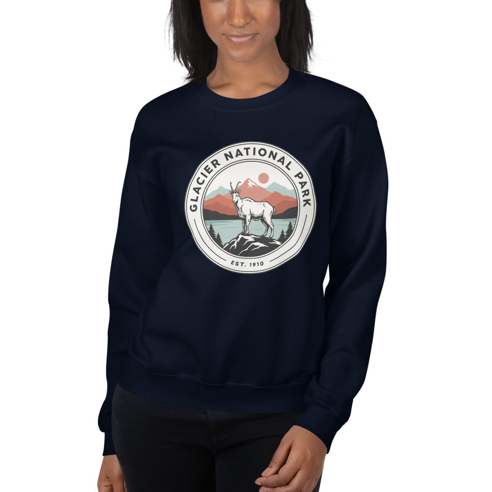 Glacier National Park badge crewneck sweatshirt worn by a model in navy