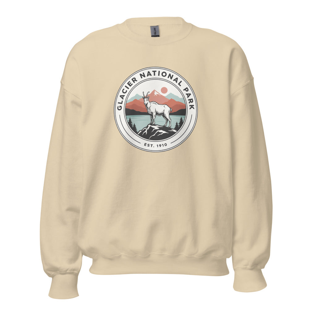 Glacier National Park vintage badge crewneck sweatshirt in sand, front view