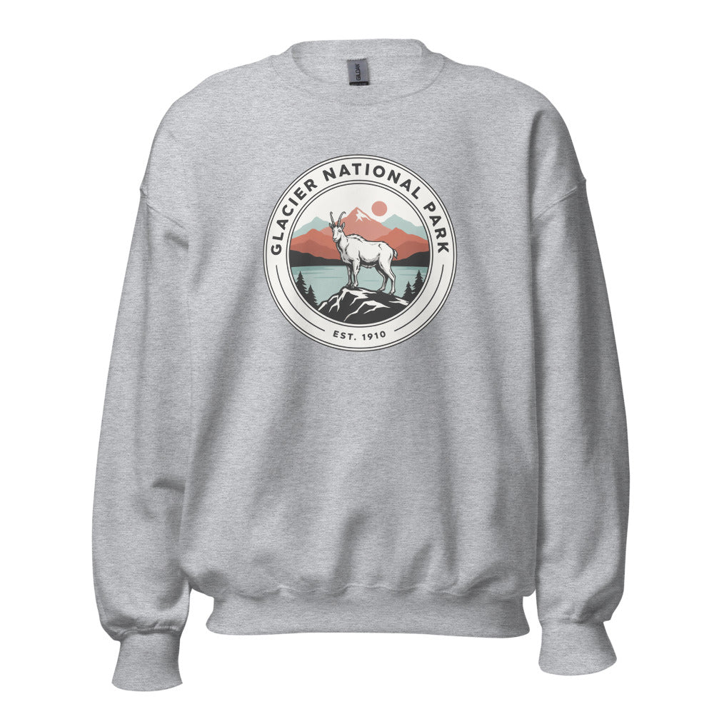 Glacier National Park vintage badge crewneck sweatshirt in sport grey, front view