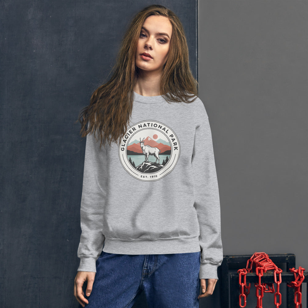 Glacier National Park badge crewneck sweatshirt in sport grey, outdoor lifestyle shot