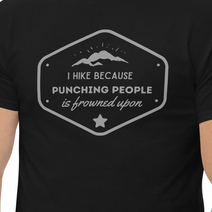 Cropped detail of the original Printful hiking shirt photo showing the full I Hike Because Punching People Is Frowned Upon badge