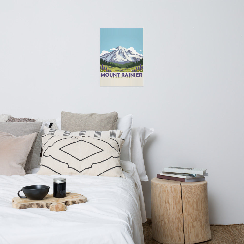 Mount Rainier National Park vintage poster hanging above a bed in a neutral bedroom