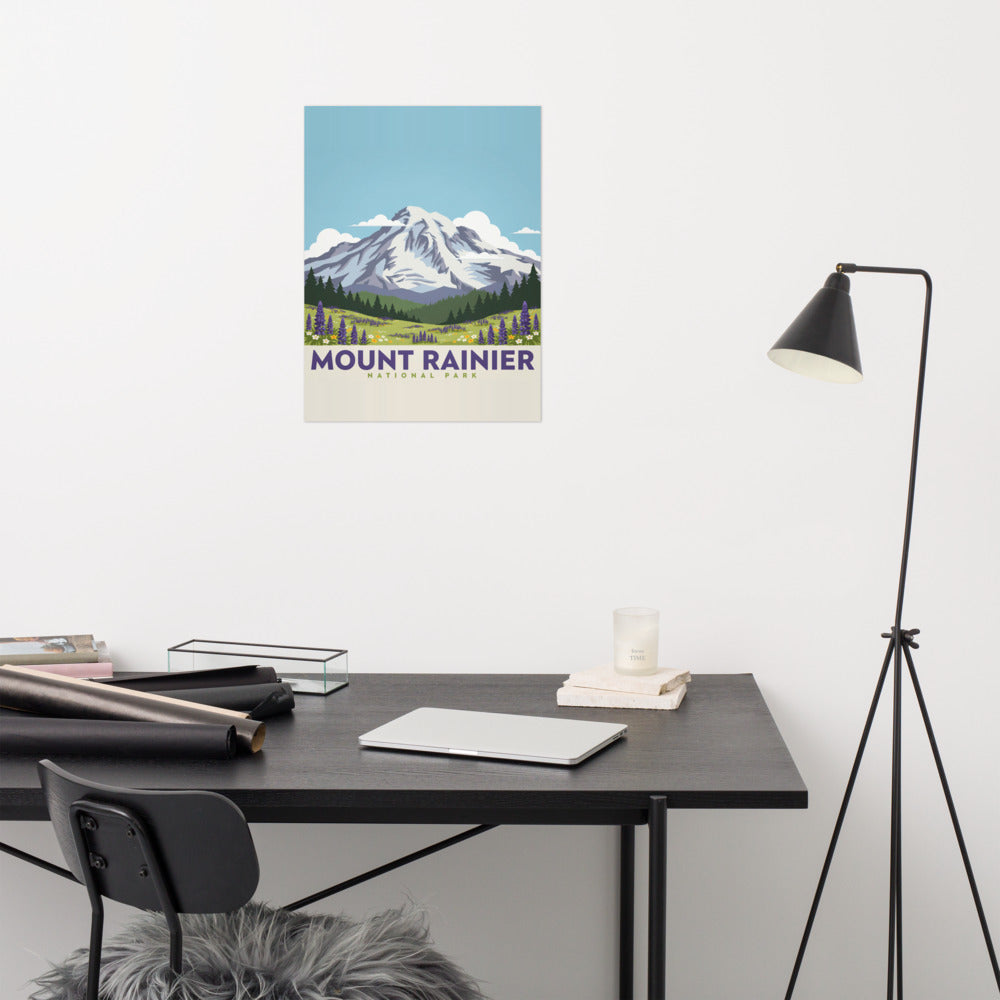 Mount Rainier National Park vintage poster hanging above a desk in a home office