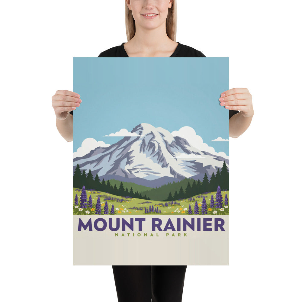 Person holding the Mount Rainier National Park vintage poster to show its scale