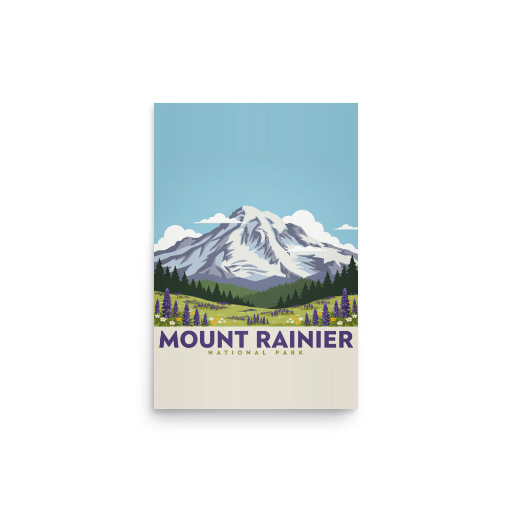 Mount Rainier National Park vintage-style poster, 12 by 18 inch unframed matte print showing the glaciated peak above a lupine wildflower meadow