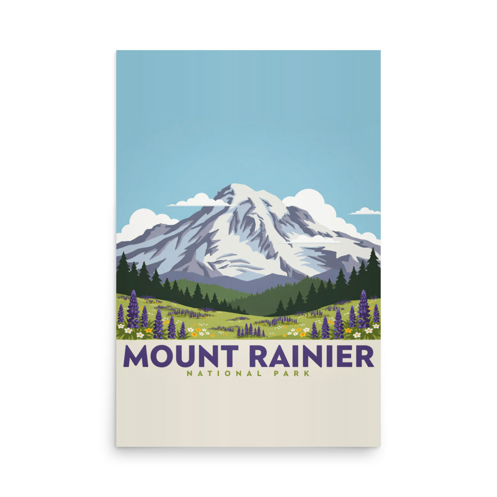 Mount Rainier National Park vintage-style poster, 24 by 36 inch unframed matte print showing the glaciated peak above a lupine wildflower meadow