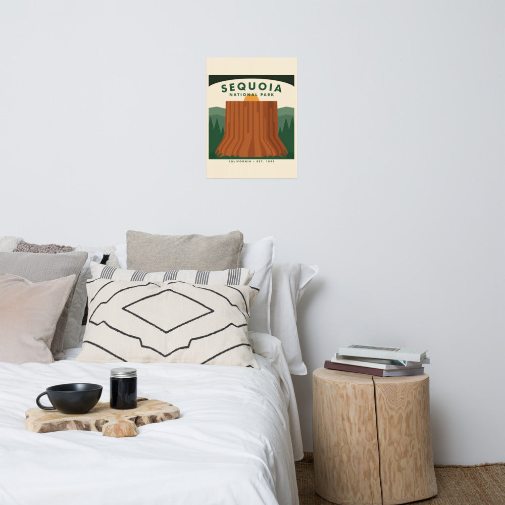 Sequoia National Park vintage poster hanging above a bed in a neutral bedroom