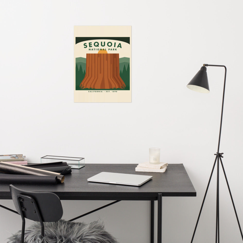 Sequoia National Park vintage poster hanging above a desk in a home office
