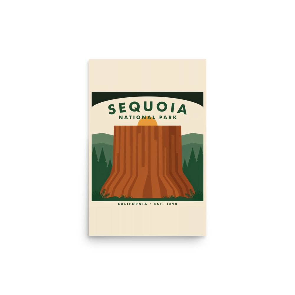Sequoia National Park vintage-style poster, 12 by 18 inch unframed matte print showing the base of a giant sequoia trunk