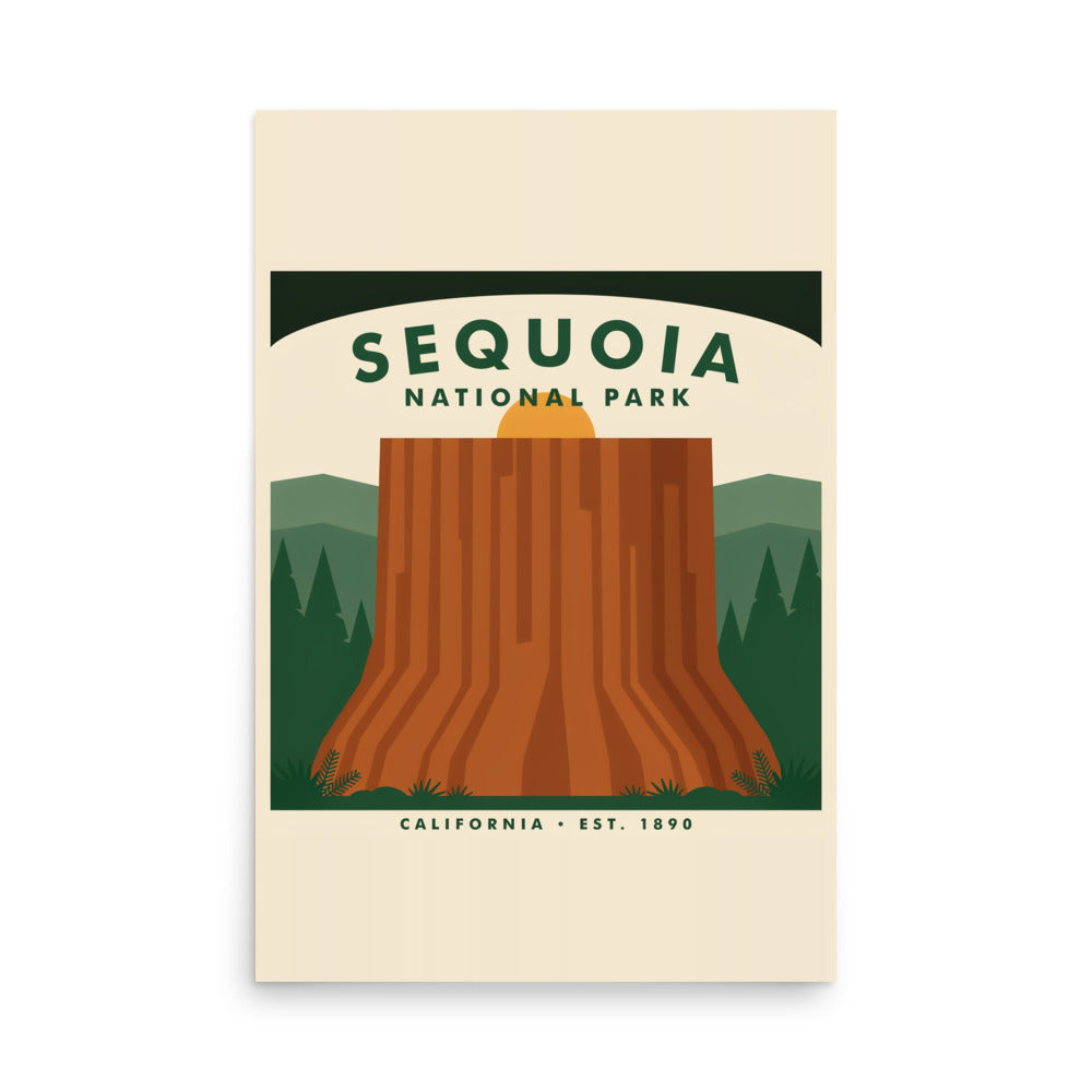 Sequoia National Park vintage-style poster, 24 by 36 inch unframed matte print showing the base of a giant sequoia trunk