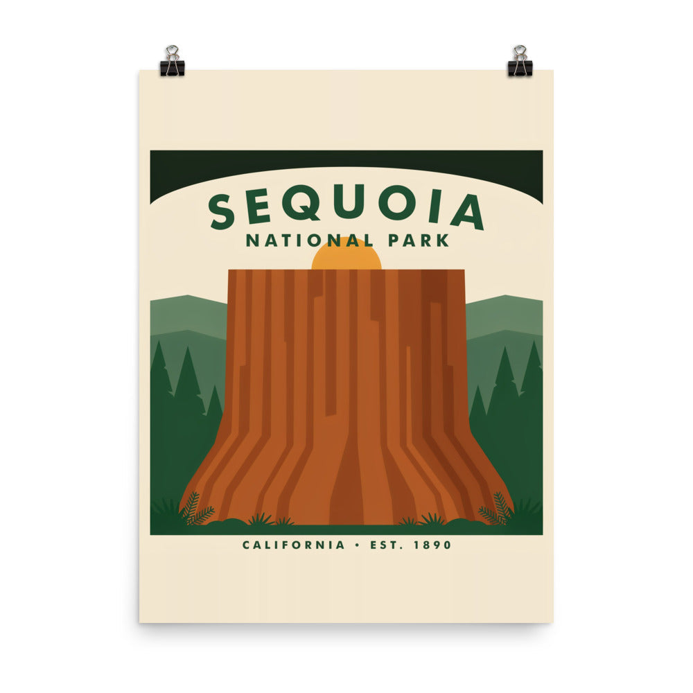 Sequoia National Park vintage poster hung from clips against a plain background