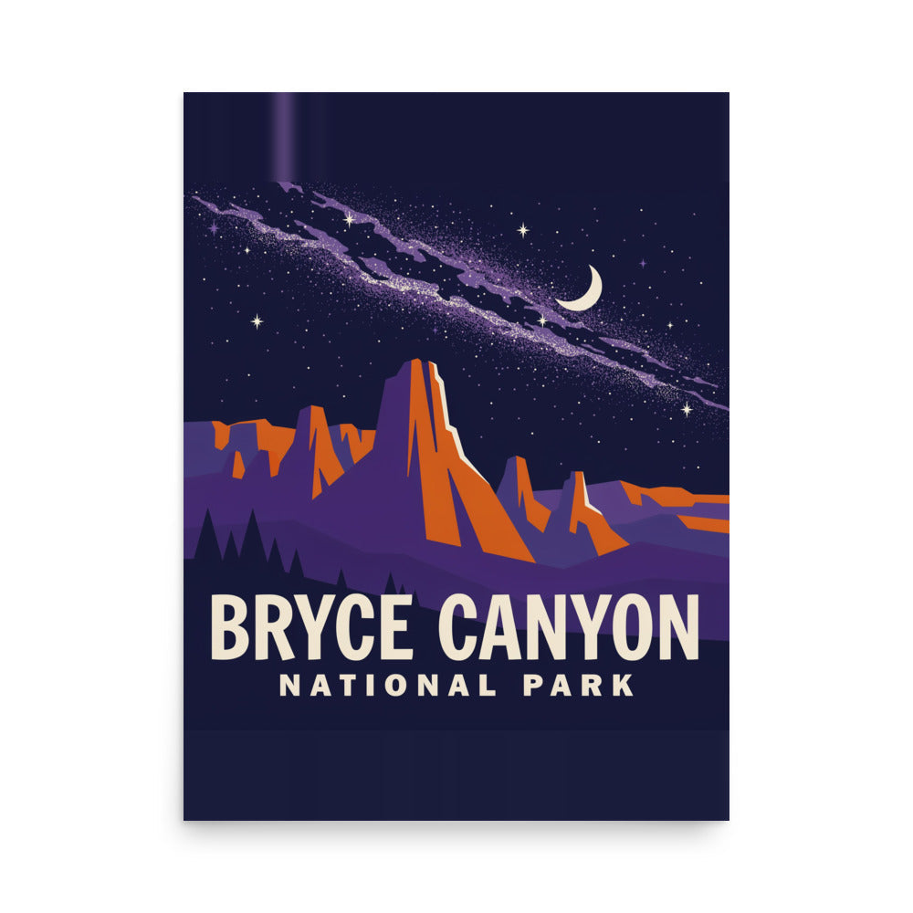 Bryce Canyon National Park vintage-style poster, 18 by 24 inch unframed matte print showing the Milky Way over Utah hoodoos at night