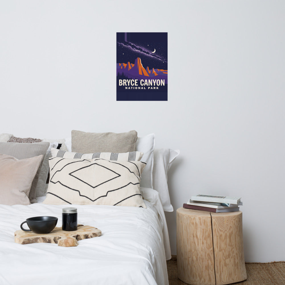 Bryce Canyon National Park vintage poster hanging above a bed in a neutral bedroom