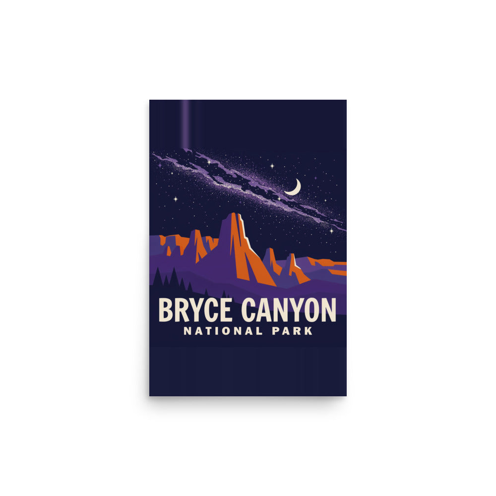 Bryce Canyon National Park vintage-style poster, 12 by 18 inch unframed matte print showing the Milky Way over Utah hoodoos at night