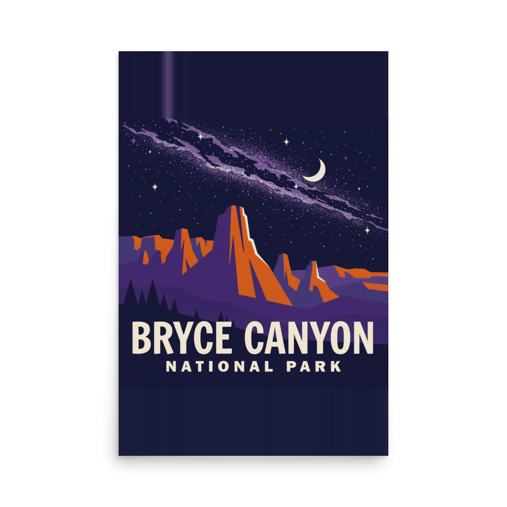 Bryce Canyon National Park vintage-style poster, 24 by 36 inch unframed matte print showing the Milky Way over Utah hoodoos at night