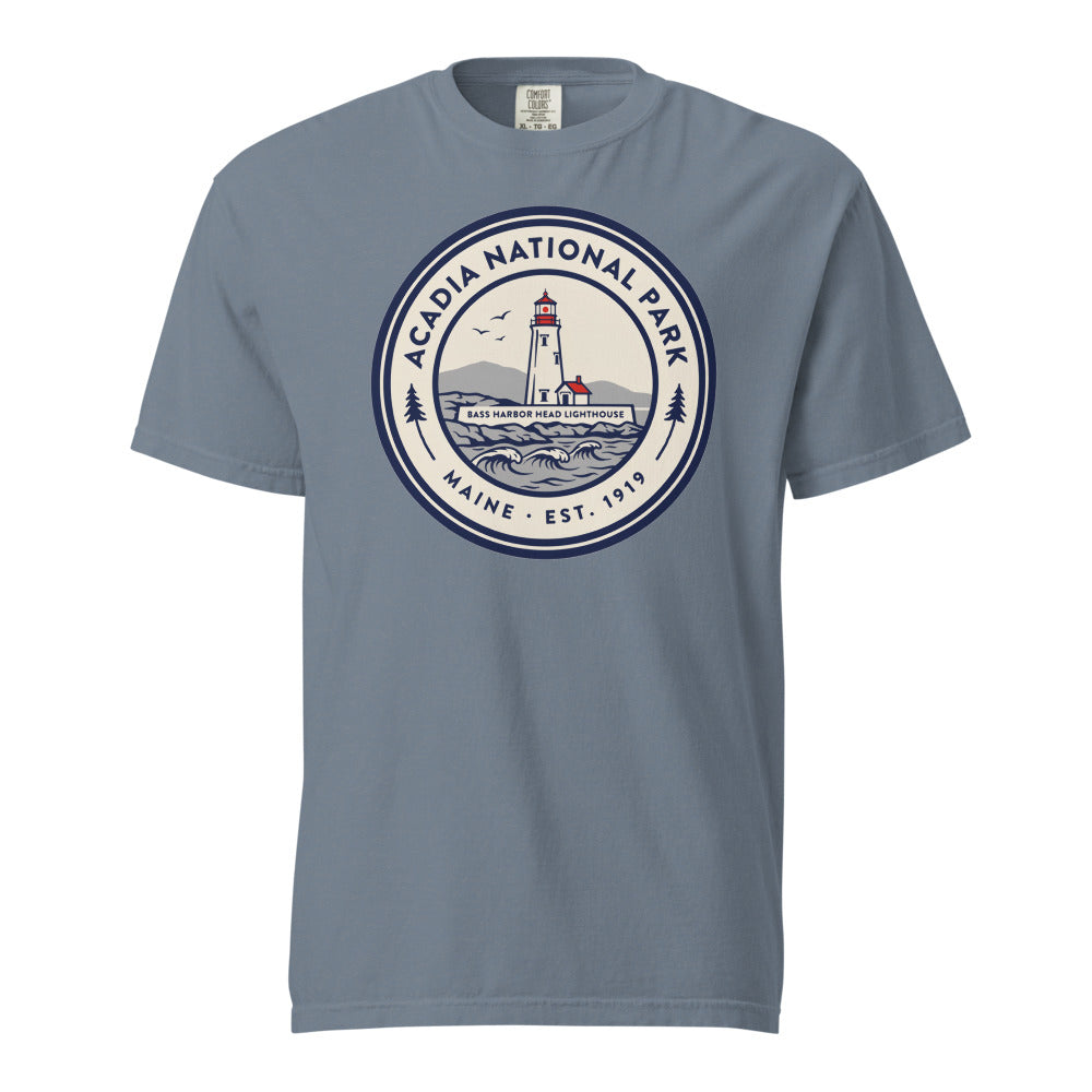 Acadia National Park vintage lighthouse badge t-shirt in blue jean, front view of the garment-dyed heavyweight tee