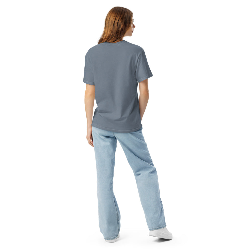 Acadia National Park vintage lighthouse badge t-shirt in blue jean worn by a model, back view
