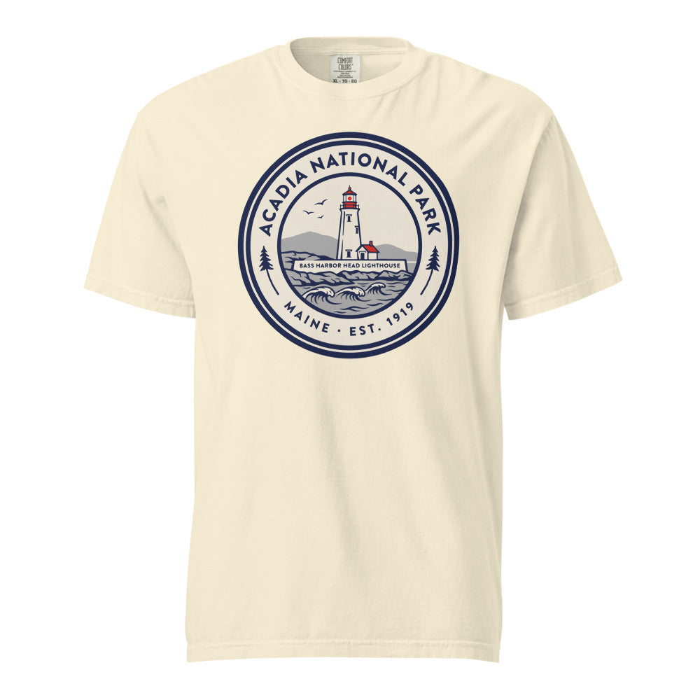 Acadia National Park vintage lighthouse badge t-shirt in ivory, front view of the garment-dyed heavyweight tee