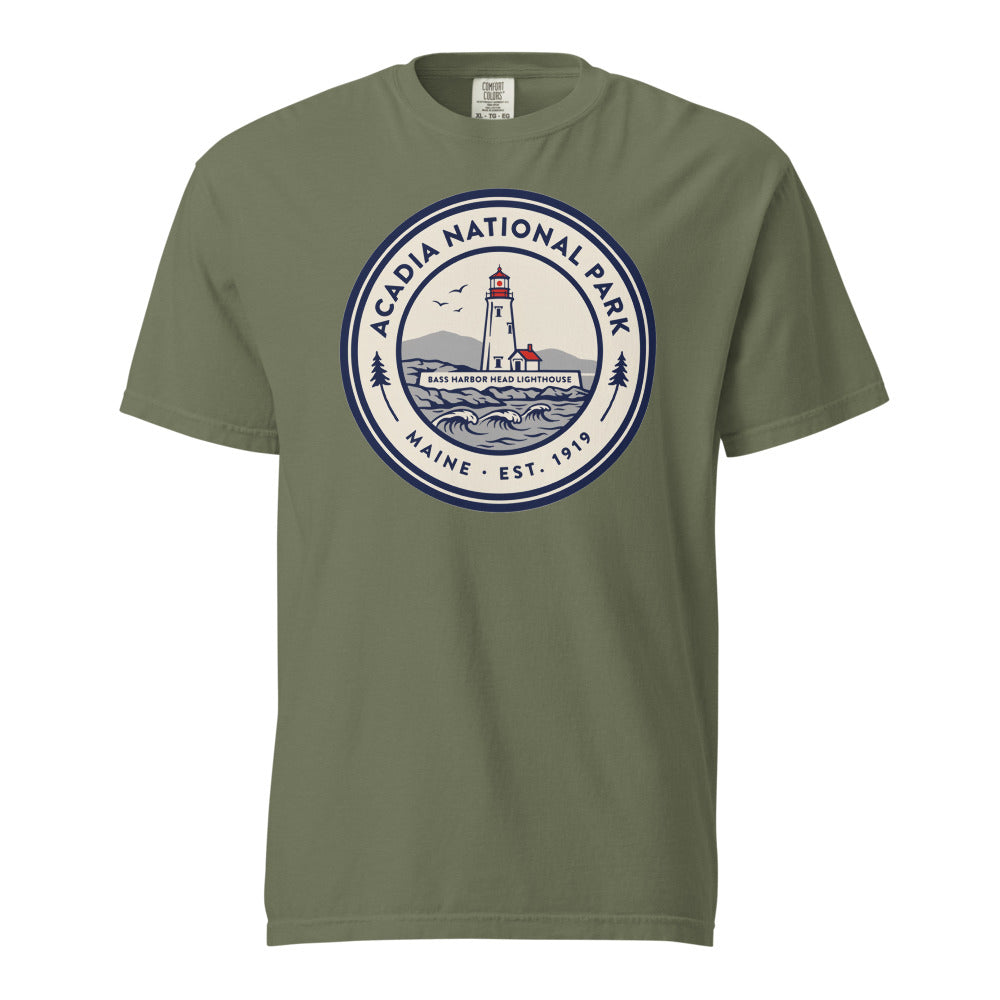 Acadia National Park vintage lighthouse badge t-shirt in moss, front view of the garment-dyed heavyweight tee