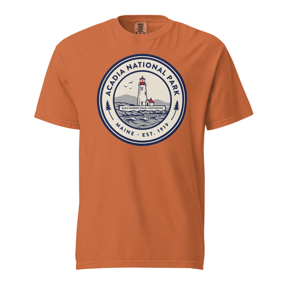 Acadia National Park vintage lighthouse badge t-shirt in yam, front view of the garment-dyed heavyweight tee
