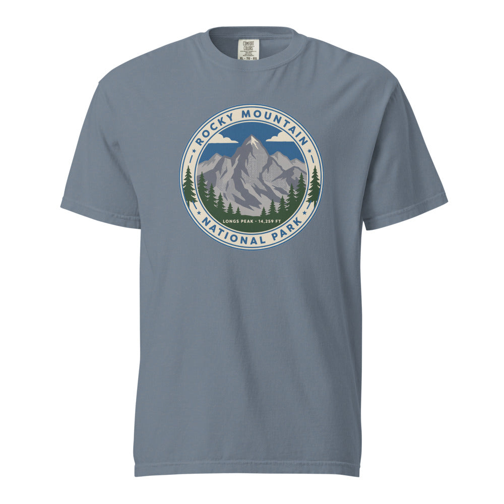 Rocky Mountain National Park vintage Longs Peak badge t-shirt in blue jean, front view of the garment-dyed heavyweight tee