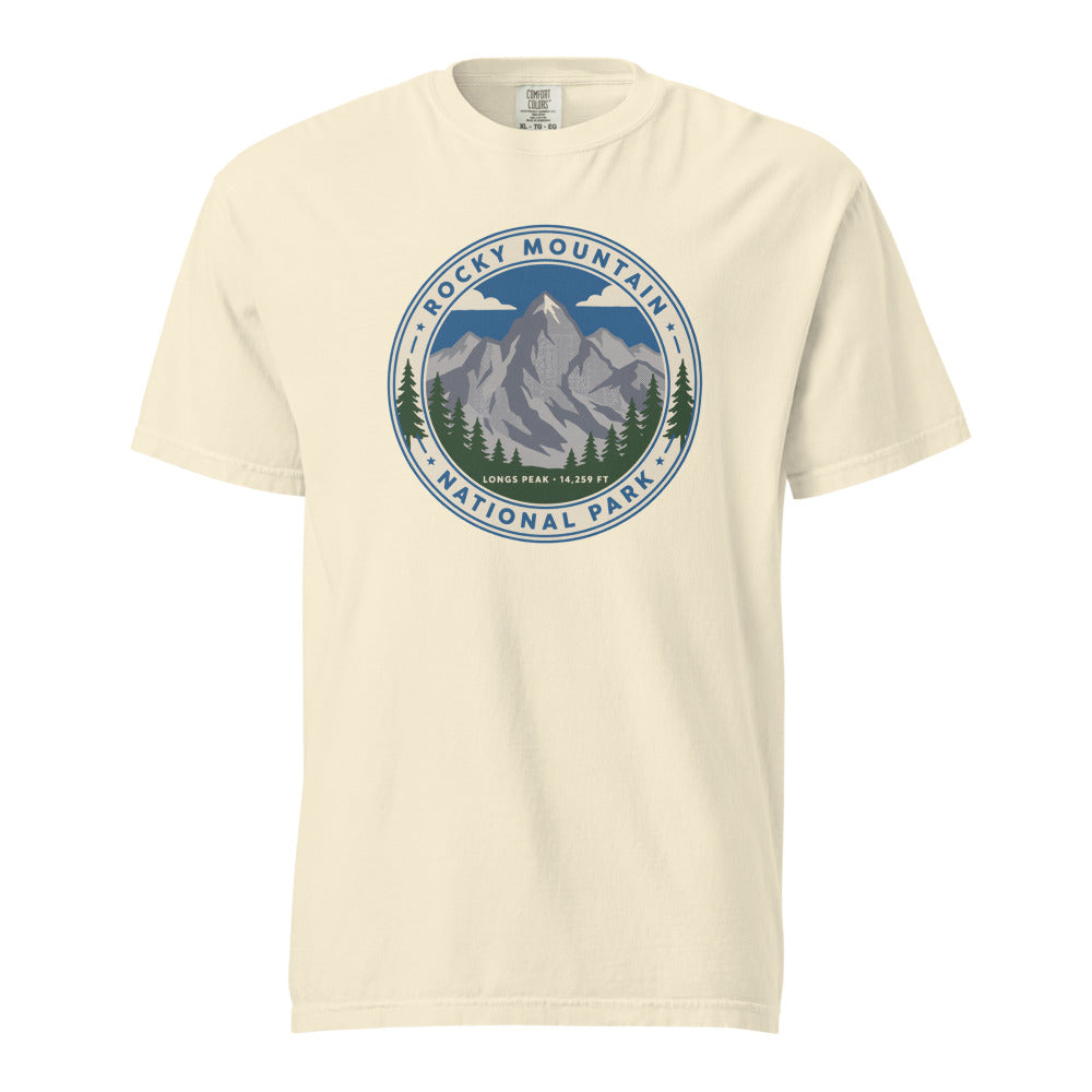 Rocky Mountain National Park vintage Longs Peak badge t-shirt in ivory, front view of the garment-dyed heavyweight tee