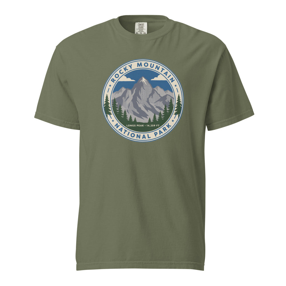 Rocky Mountain National Park vintage Longs Peak badge t-shirt in moss, front view of the garment-dyed heavyweight tee