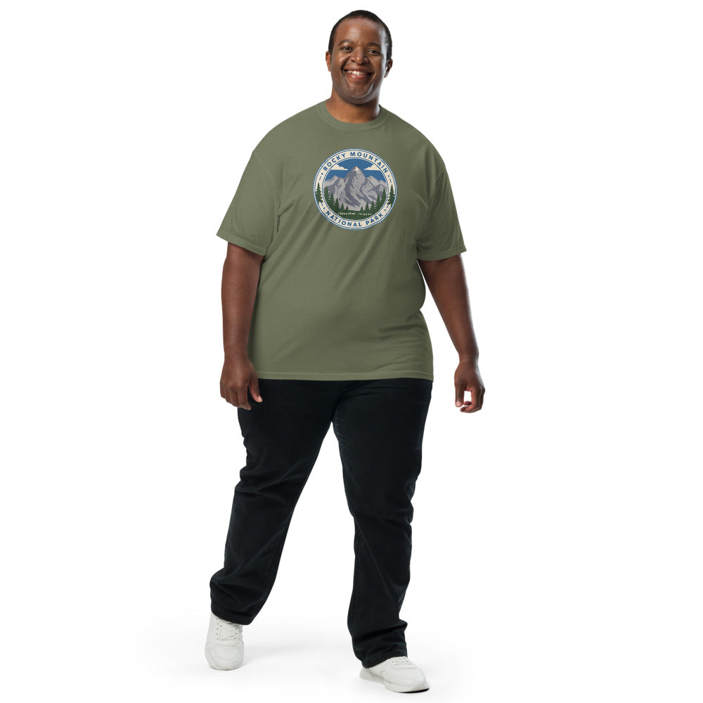 Rocky Mountain National Park vintage Longs Peak badge t-shirt in moss worn by a model, front view