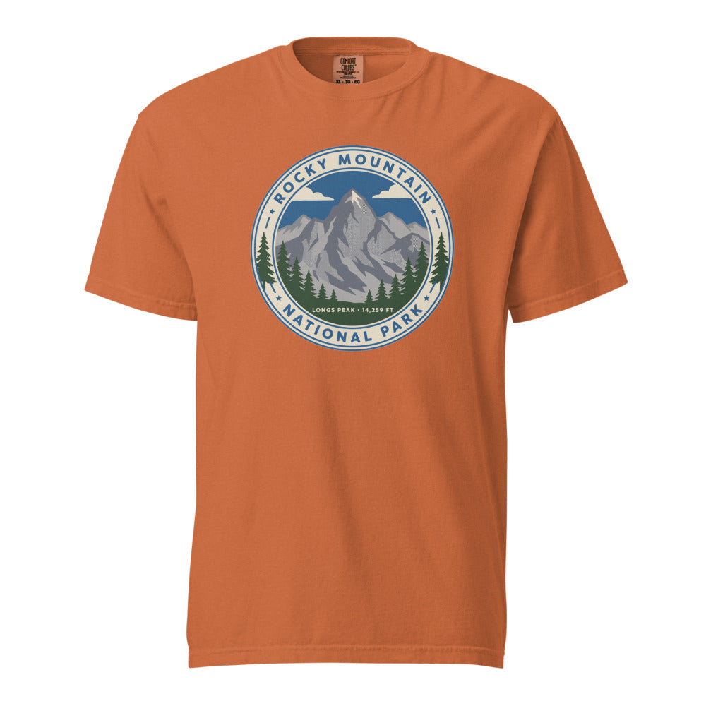 Rocky Mountain National Park vintage Longs Peak badge t-shirt in yam, front view of the garment-dyed heavyweight tee