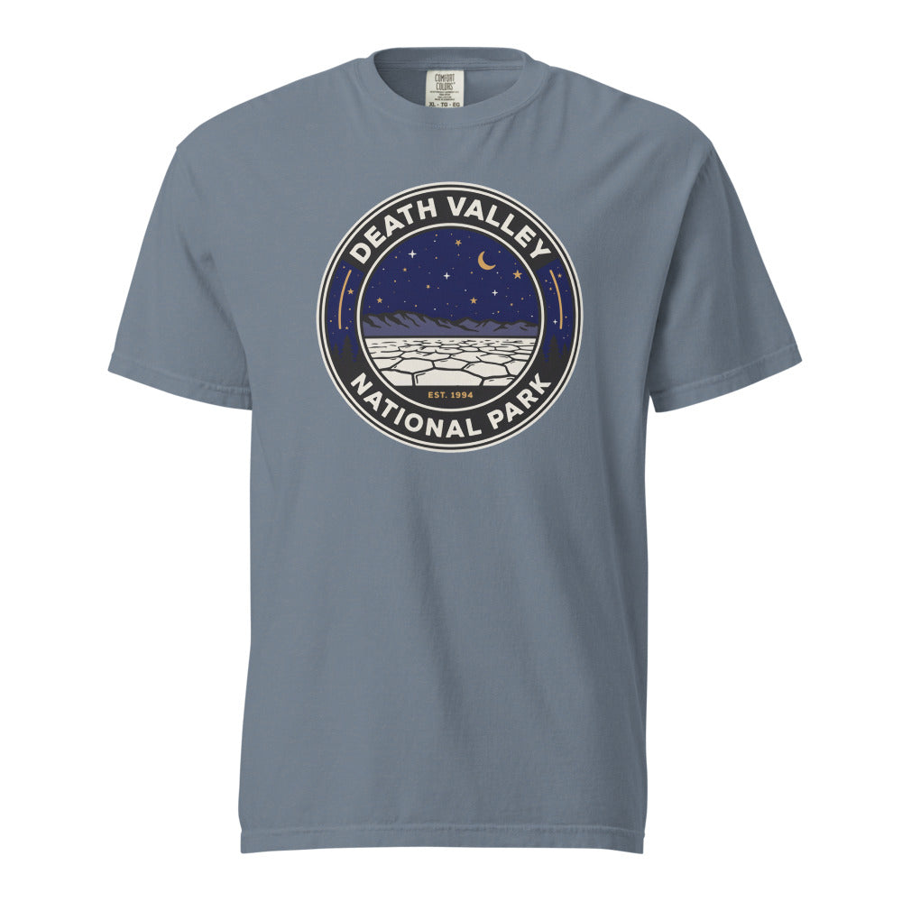 Death Valley National Park vintage night sky badge t-shirt in blue jean, front view of the garment-dyed heavyweight tee