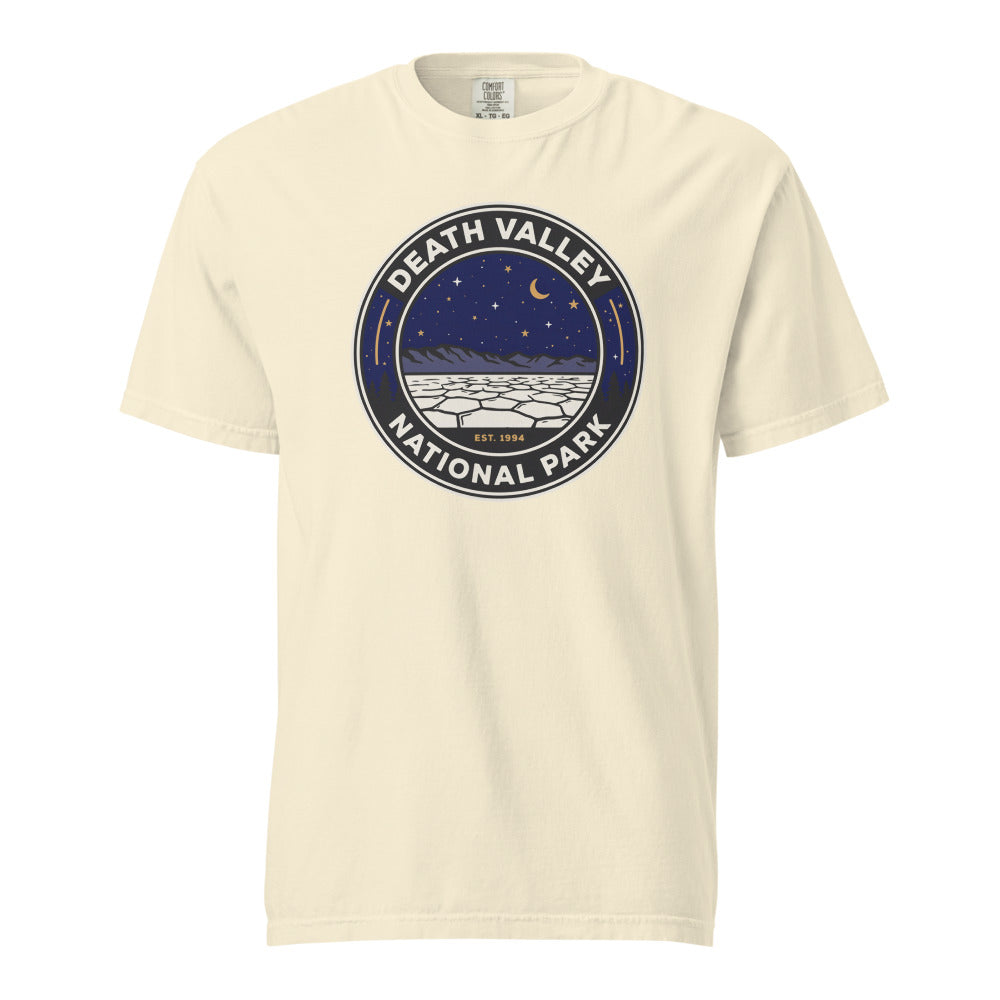 Death Valley National Park vintage night sky badge t-shirt in ivory, front view of the garment-dyed heavyweight tee